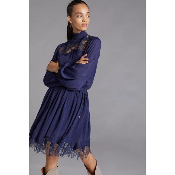 New Anthropologie Magali Pascal Silky Lace Mini Dress $540 SMALL Blue - Picture 3 of 7